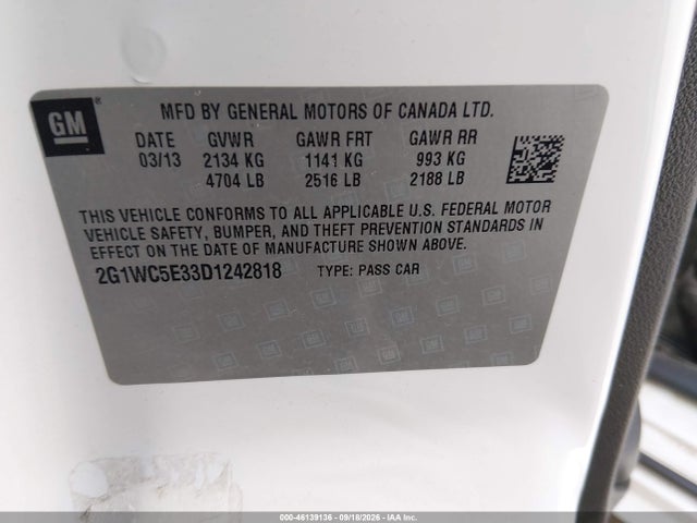 46139136 :رقم المزاد ، 2G1WC5E33D1242818 vin ، 2013 Chevrolet Impala Ltz مزاد بيع