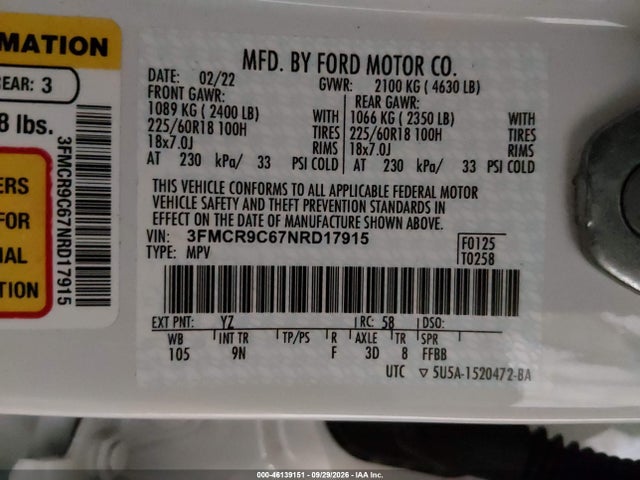Продажа на аукционе авто 2022 Ford Bronco Sport Outer Banks, vin: 3FMCR9C67NRD17915, номер лота: 46139151