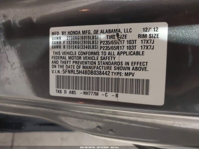 Продаж на аукціоні авто 2013 Honda Odyssey Ex, vin: 5FNRL5H48DB038442, номер лоту: 46139154