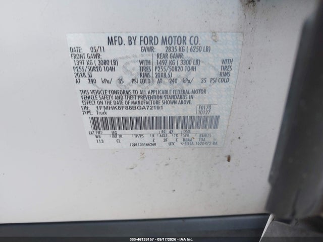 46139157 :رقم المزاد ، 1FMHK8F88BGA72191 vin ، 2011 Ford Explorer Limited مزاد بيع