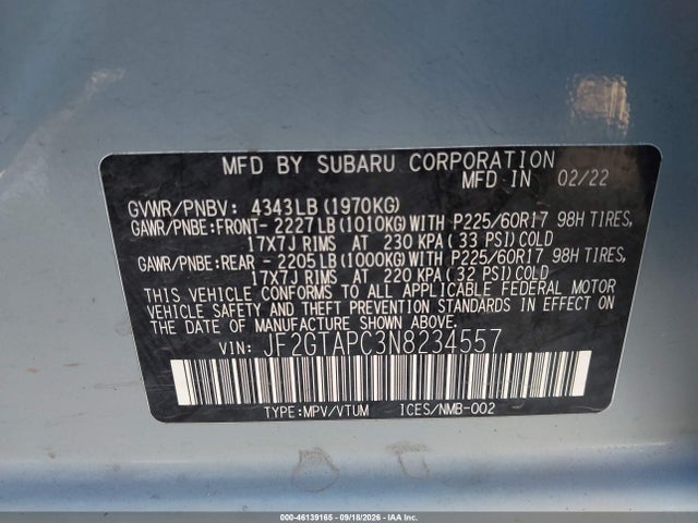 Aukcja sprzedaży 2022 Subaru Crosstrek Premium, vin: JF2GTAPC3N8234557, numer aukcji: 46139165