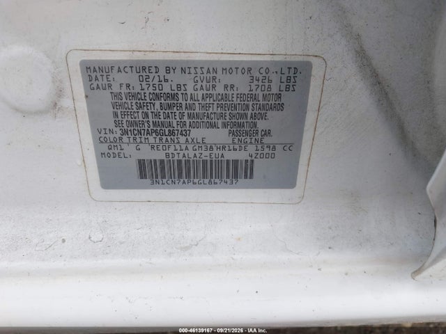 Продажа на аукционе авто 2016 Nissan Versa 1.6 S+, vin: 3N1CN7AP6GL867437, номер лота: 46139167