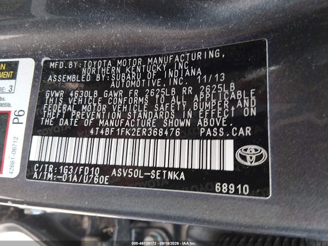 2014 Toyota Camry Le მანქანა იყიდება აუქციონზე, vin: 4T4BF1FK2ER368476, აუქციონის ნომერი: 46139172