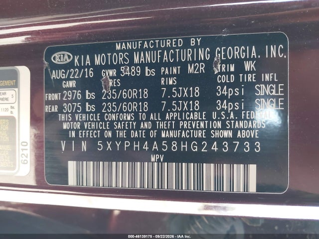 Продажа на аукционе авто 2017 Kia Sorento 3.3l Ex, vin: 5XYPH4A58HG243733, номер лота: 46139175