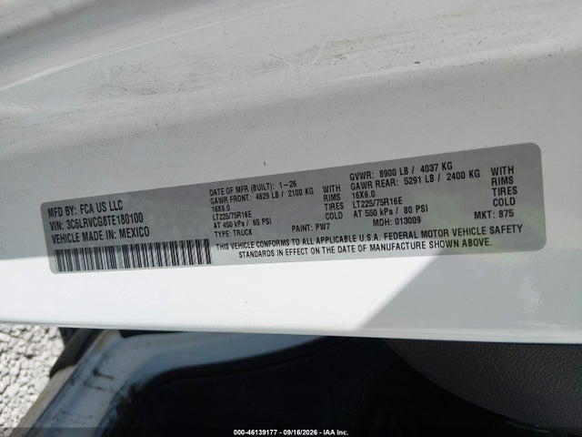 Продажа на аукционе авто 2026 Ram Promaster Tradesman, vin: 3C6LRVCG8TE180100, номер лота: 46139177