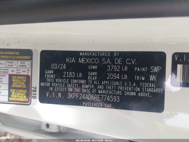 Продажа на аукционе авто 2024 Kia Forte Lxs, vin: 3KPF24AD6RE774593, номер лота: 46139180