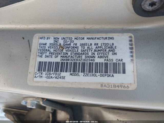 46139188 :رقم المزاد ، 1NXBR32E83Z162346 vin ، 2003 Toyota Corolla S مزاد بيع
