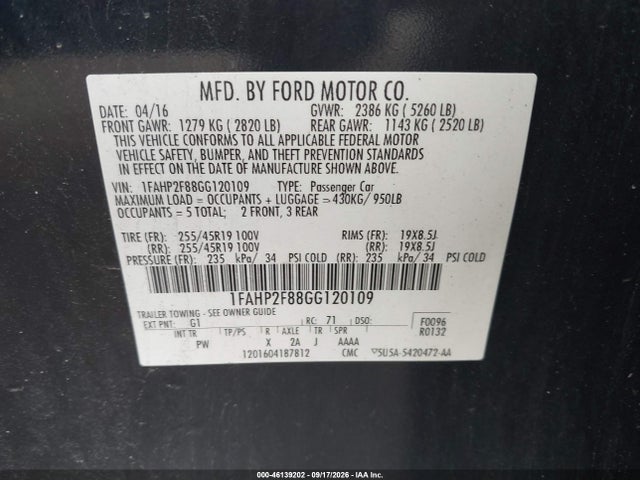 2016 Ford Taurus Limited მანქანა იყიდება აუქციონზე, vin: 1FAHP2F88GG120109, აუქციონის ნომერი: 46139202