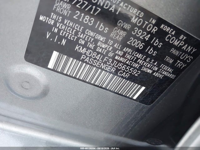 2018 Hyundai Elantra Limited მანქანა იყიდება აუქციონზე, vin: KMHD84LF3JU565592, აუქციონის ნომერი: 46139204