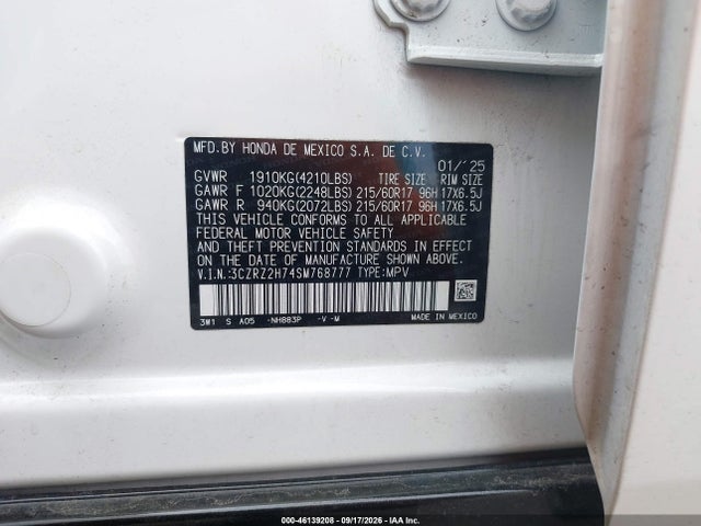2025 Honda Hr-v Awd Ex-l მანქანა იყიდება აუქციონზე, vin: 3CZRZ2H74SM768777, აუქციონის ნომერი: 46139208
