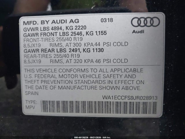 Продаж на аукціоні авто 2018 Audi Q3 2.0t Premium/2.0t Sport Premium, vin: WA1ECCFS9JR028913, номер лоту: 46139226
