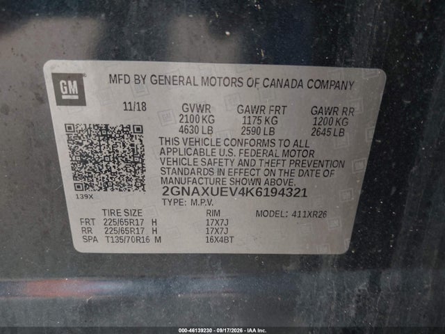 Aukcja sprzedaży 2019 Chevrolet Equinox Lt, vin: 2GNAXUEV4K6194321, numer aukcji: 46139230