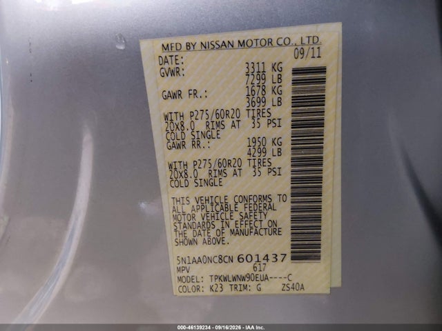 46139234 :رقم المزاد ، 5N1AA0NC8CN601437 vin ، 2012 Nissan Armada Platinum مزاد بيع