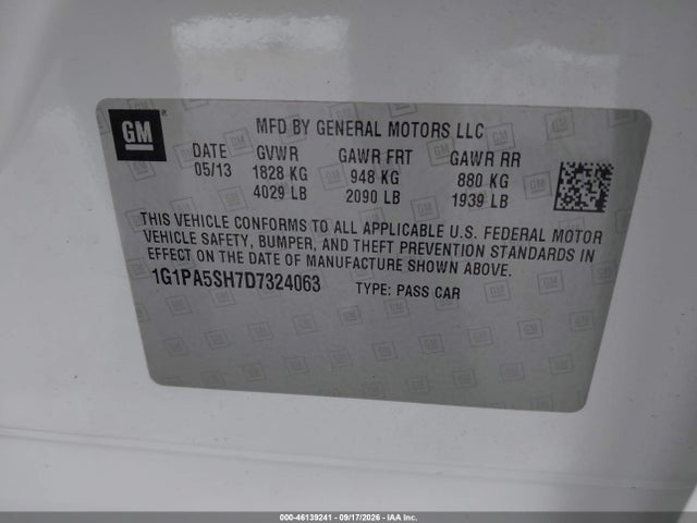 Продажа на аукционе авто 2013 Chevrolet Cruze Ls Auto, vin: 1G1PA5SH7D7324063, номер лота: 46139241