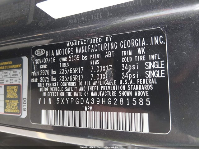 Продажа на аукционе авто 2017 Kia Sorento 2.4l Lx, vin: 5XYPGDA39HG281585, номер лота: 46139265
