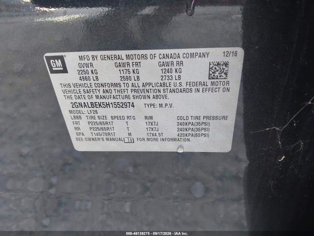 Aukcja sprzedaży 2017 Chevrolet Equinox Ls, vin: 2GNALBEK5H1552974, numer aukcji: 46139275