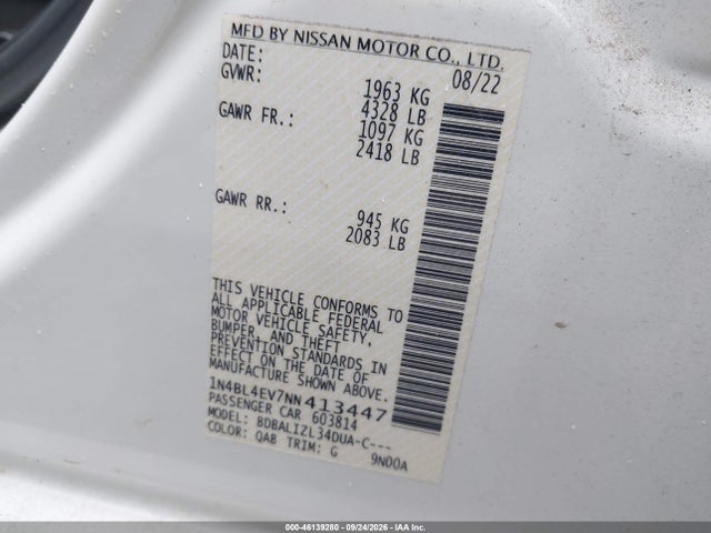 46139280 :رقم المزاد ، 1N4BL4EV7NN413447 vin ، 2022 Nissan Altima Sl Fwd مزاد بيع