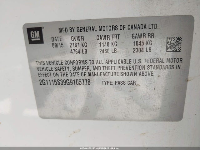 Aukcja sprzedaży 2016 Chevrolet Impala 2lt, vin: 2G1115S39G9105778, numer aukcji: 46139283