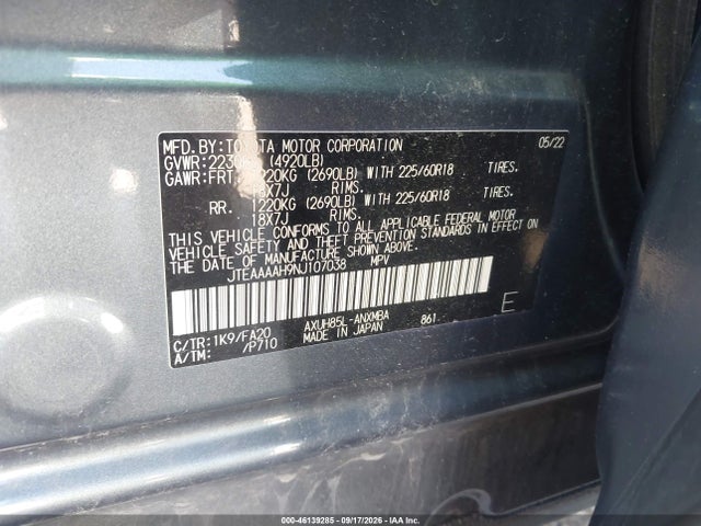 46139285 :رقم المزاد ، JTEAAAAH9NJ107038 vin ، 2022 Toyota Venza Le مزاد بيع