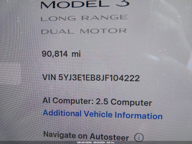 46139286 :رقم المزاد ، 5YJ3E1EB8JF104222 vin ، 2018 Tesla Model 3 Long Range/performance مزاد بيع