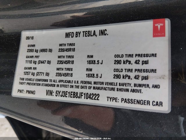 46139286 :رقم المزاد ، 5YJ3E1EB8JF104222 vin ، 2018 Tesla Model 3 Long Range/performance مزاد بيع
