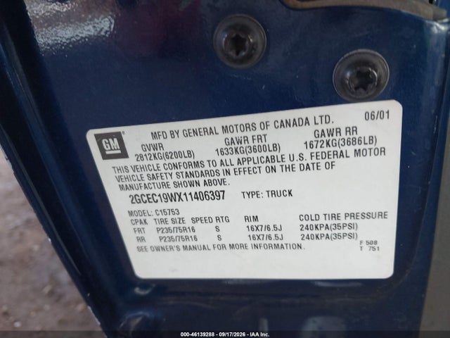 46139288 :رقم المزاد ، 2GCEC19WX11406397 vin ، 2001 Chevrolet Silverado 1500 Ls مزاد بيع