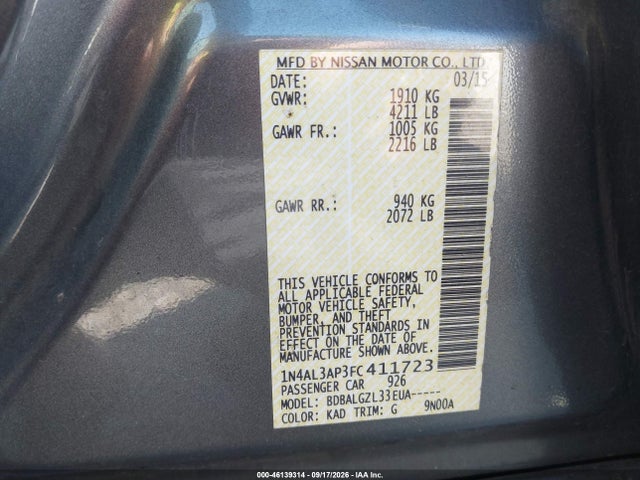 Aukcja sprzedaży 2015 Nissan Altima 2.5 S, vin: 1N4AL3AP3FC411723, numer aukcji: 46139314