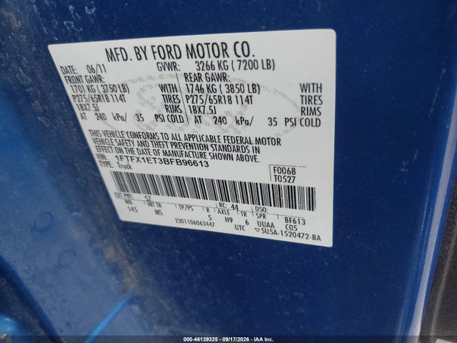 46139325 :رقم المزاد ، 1FTFX1ET3BFB96613 vin ، 2011 Ford F-150 Xlt مزاد بيع