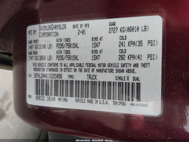 Aukcja sprzedaży 2001 Dodge Dakota Slt/sport, vin: 1B7HL2AN61S225058, numer aukcji: 46139343