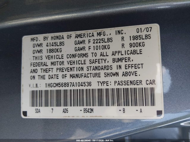 2007 Honda Accord 2.4 Ex მანქანა იყიდება აუქციონზე, vin: 1HGCM56897A104536, აუქციონის ნომერი: 46139345