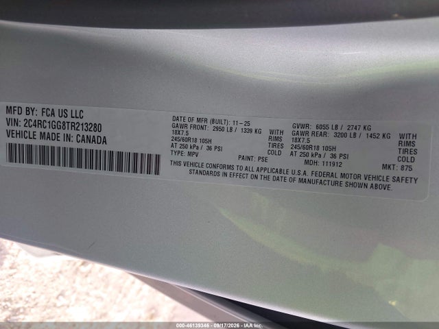 Aukcja sprzedaży 2026 Chrysler Pacifica Limited, vin: 2C4RC1GG8TR213280, numer aukcji: 46139346
