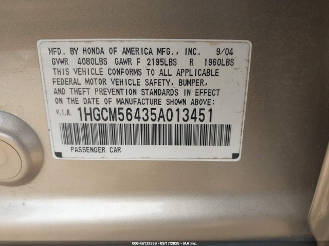 Продаж на аукціоні авто 2005 Honda Accord 2.4 Lx, vin: 1HGCM56435A013451, номер лоту: 46139359