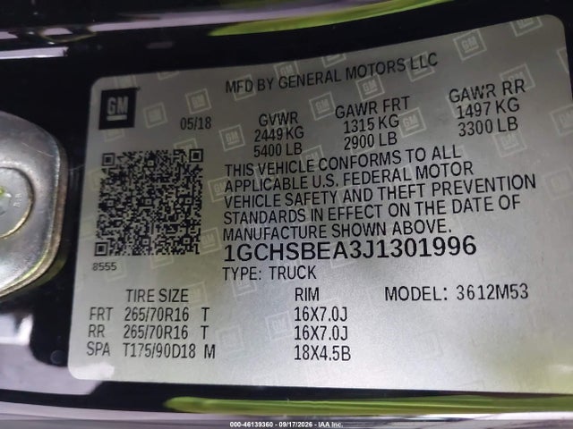 46139360 :رقم المزاد ، 1GCHSBEA3J1301996 vin ، 2018 Chevrolet Colorado Wt مزاد بيع