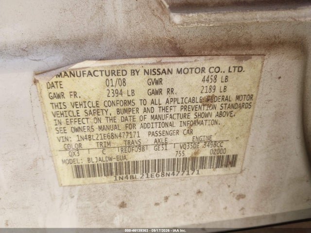 Продажа на аукционе авто 2008 Nissan Altima 3.5 Se, vin: 1N4BL21E68N477171, номер лота: 46139363