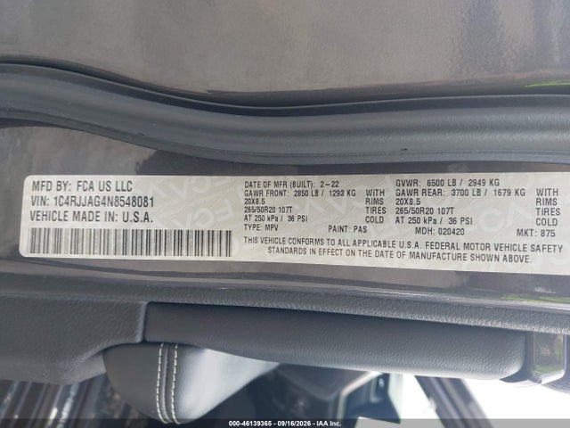2022 Jeep Grand Cherokee L Altitude 4x2 მანქანა იყიდება აუქციონზე, vin: 1C4RJJAG4N8548081, აუქციონის ნომერი: 46139365