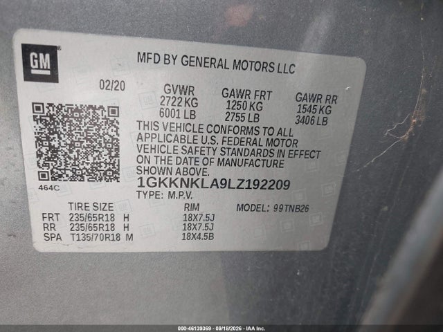 2020 Gmc Acadia Fwd Sle მანქანა იყიდება აუქციონზე, vin: 1GKKNKLA9LZ192209, აუქციონის ნომერი: 46139369