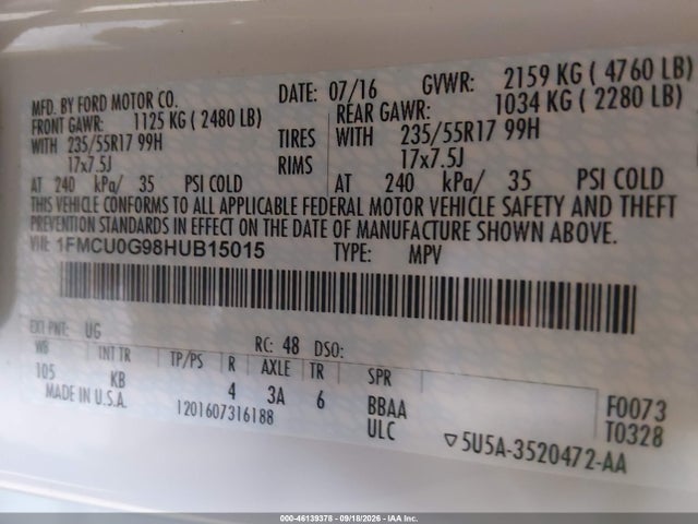 Продаж на аукціоні авто 2017 Ford Escape Se, vin: 1FMCU0G98HUB15015, номер лоту: 46139378