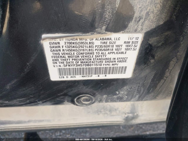 Aukcja sprzedaży 2013 Honda Pilot Ex-l, vin: 5FNYF3H57DB011510, numer aukcji: 46139398