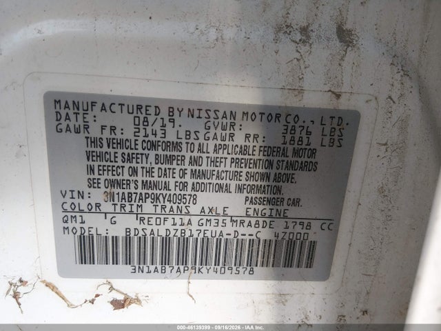 2019 Nissan Sentra Sv მანქანა იყიდება აუქციონზე, vin: 3N1AB7AP9KY409578, აუქციონის ნომერი: 46139399