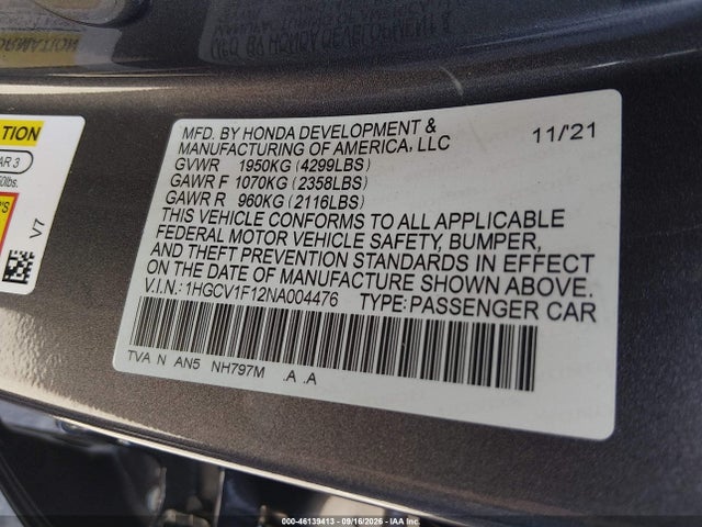 Honda ACCORD LX 2022 1HGCV1F12NA004476 Image 9