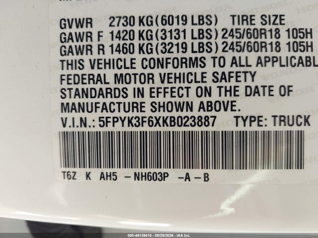 Продаж на аукціоні авто 2019 Honda Ridgeline Rtl-t, vin: 5FPYK3F6XKB023887, номер лоту: 46139418