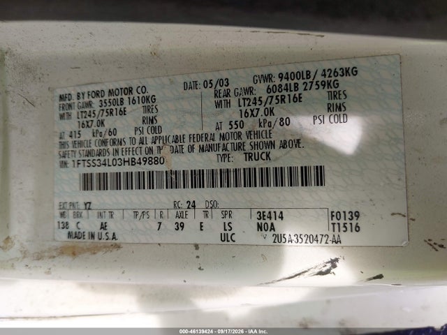 Продаж на аукціоні авто 2003 Ford E-350 Super Duty Commercial/recreational, vin: 1FTSS34L03HB49880, номер лоту: 46139424