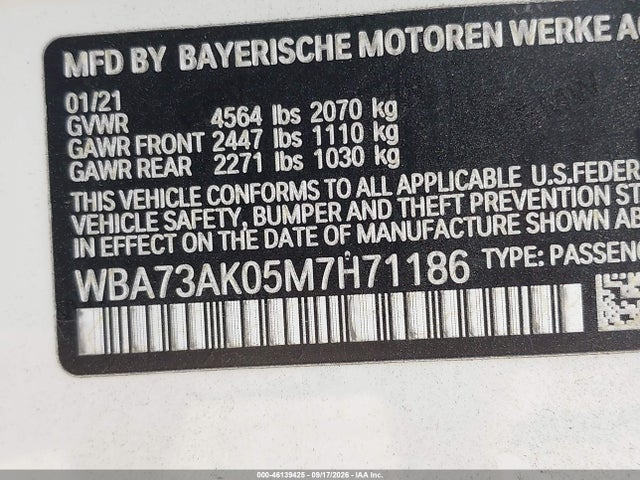 46139425 :رقم المزاد ، WBA73AK05M7H71186 vin ، 2021 Bmw 228i Gran Coupe Xdrive مزاد بيع