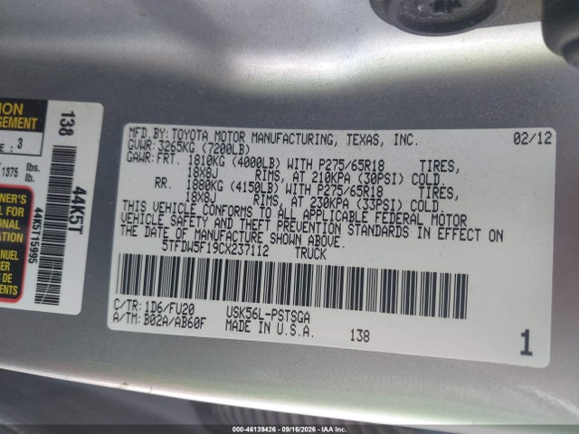 Продаж на аукціоні авто 2012 Toyota Tundra Grade 5.7l V8, vin: 5TFDW5F19CX237112, номер лоту: 46139426