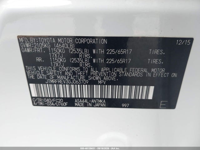 46139431 :رقم المزاد ، JTMRFREV3GJ063709 vin ، 2016 Toyota Rav4 Xle مزاد بيع