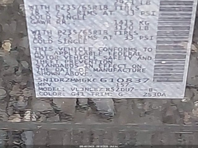 Aukcja sprzedaży 2019 Nissan Pathfinder S, vin: 5N1DR2MM6KC610837, numer aukcji: 46139439