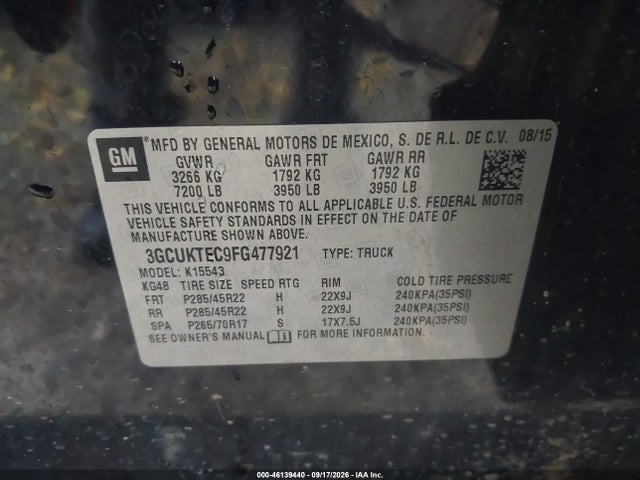 2015 Chevrolet Silverado 1500 High Country მანქანა იყიდება აუქციონზე, vin: 3GCUKTEC9FG477921, აუქციონის ნომერი: 46139440