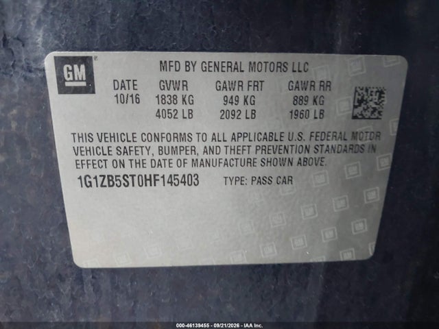 46139455 :رقم المزاد ، 1G1ZB5ST0HF145403 vin ، 2017 Chevrolet Malibu Ls مزاد بيع