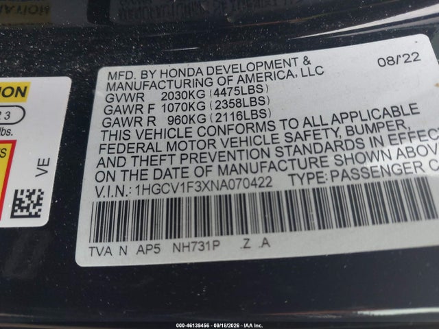 Продаж на аукціоні авто 2022 Honda Accord Sport, vin: 1HGCV1F3XNA070422, номер лоту: 46139456