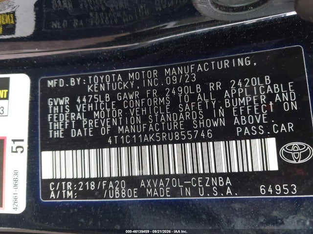 46139459 :رقم المزاد ، 4T1C11AK5RU855746 vin ، 2024 Toyota Camry Le مزاد بيع
